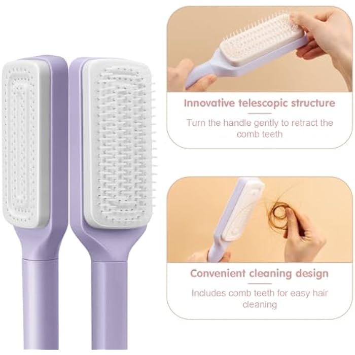 FIDWALL 1 Pack Self Cleaning Hair Brush, Hair Brushes for Women, Air Cushion Massage Combs, Rotating Telescopic Comb, Easily Detangle Hair and Clean (Purple) - Image 2